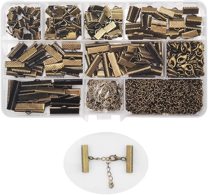 INSPIRELLE 100 Sets Assorted Size Bronze Ends for Ribbon Bracelet Bookmark Making Crimps Kit with Lobster Clasps and Chain Extenders