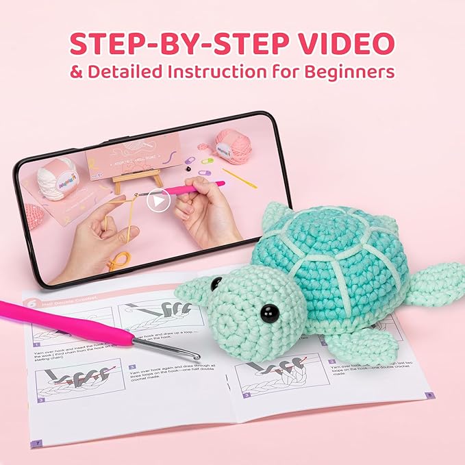 Mewaii Crochet Kit for Beginners Level 1 with 40% Extra Eco-Friendly Pre-Started Easy Yarn, Step-by-Step Video Tutorials for Adults and Kids (Blue Sea Turtle)
