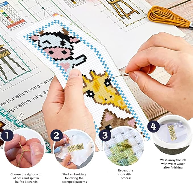 ORIGACH 6 Set Animals Cross Stitch Bookmark Kit for Beginner with Backing Felt Floss Instructions DIY Stamped Embroidery Bookmark Kit for Adults, Book Lovers