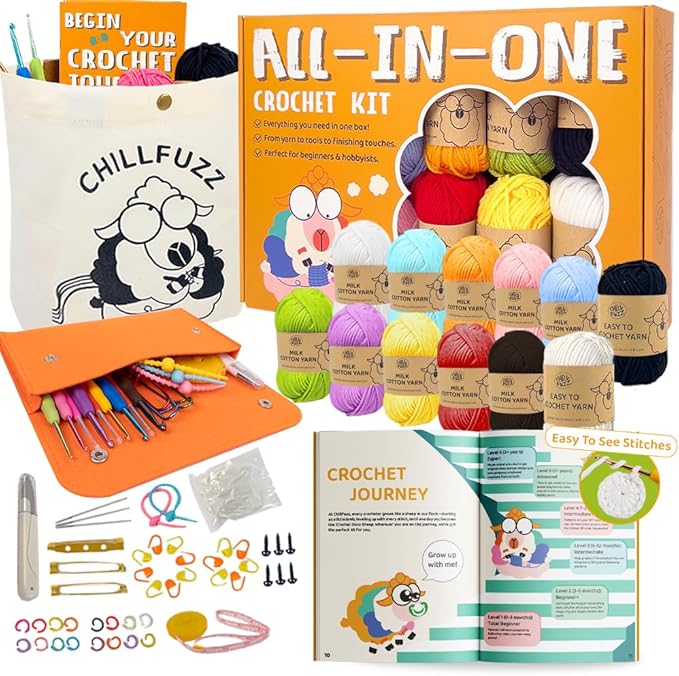 ChillFuzz Crochet Kit for Beginners 85 Piece Complete Crochet Set with Yarn, Hooks, Pattern Book – Beginner Crochet Kit for Adults & Kids with Tutorials, Great Christmas Gift for Craft Lovers Basic