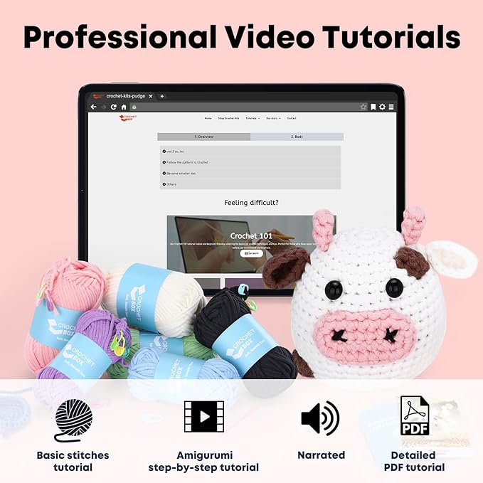 Crochet Kit for Beginners: Cow Crochet Kit, Including Step-by-Step Video Tutorials, Instruction, Hook, Accessories, Surprise Birthday Gift for Adults, Relaxing Crafts