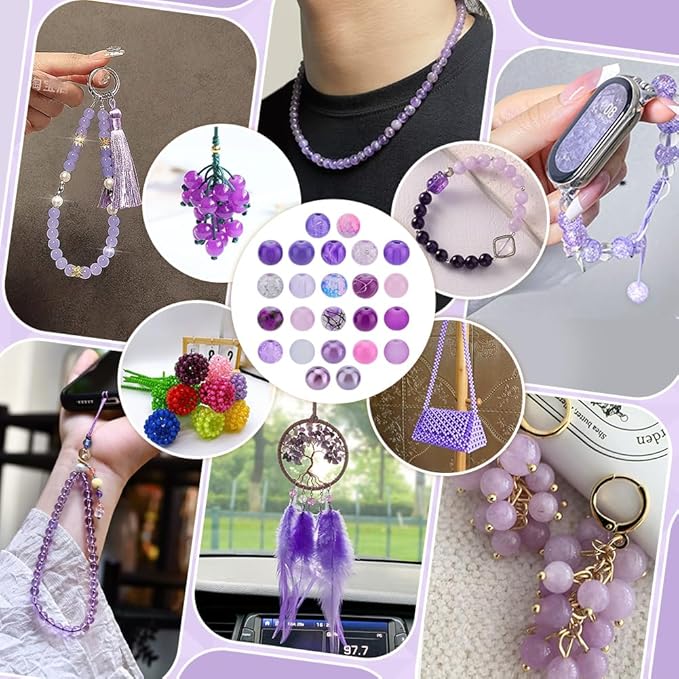 PH PandaHall 720pcs 8mm Purple Glass Beads 24 Color Round Bracelet Beads Loose Crystal Bead Craft Bead Bulk for Summer Friendship Bracelet Necklace Earring Jewelry Making DIY Craft Party Ornament