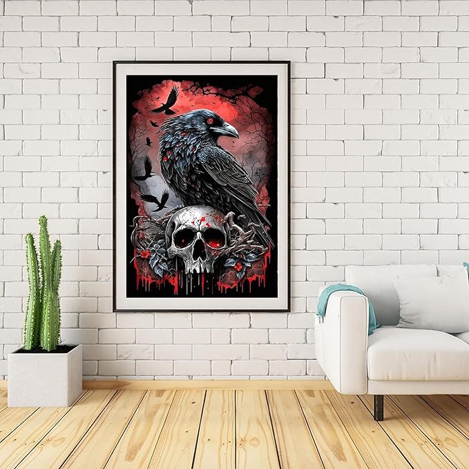 Mrnsiet Halloween Diamond Painting Kits for Adults, 5D Crow Diamond Painting for Beginner, DIY Full Drill Skull Diamond Art Kits for Home Wall Decor 12 x 16 Inch