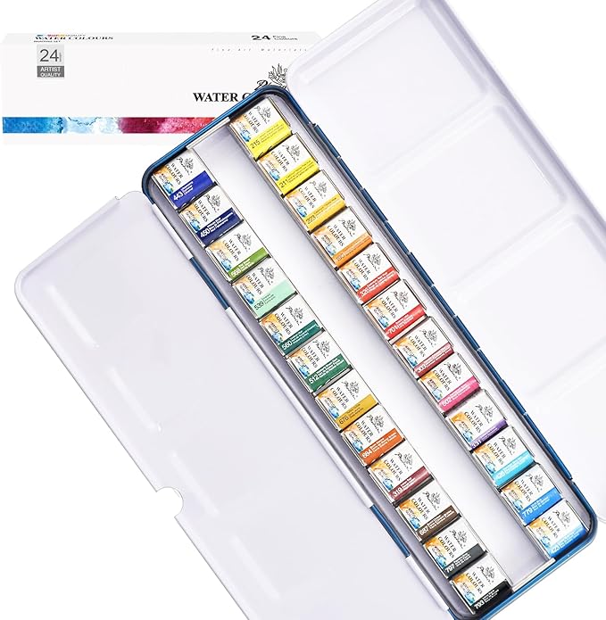 PHOENIX Artist Watercolor Paint Set - Half Pan 24 Colors Quality Pigment Watercolor Palette with Portable Tin Box for Adults, Professional Artists