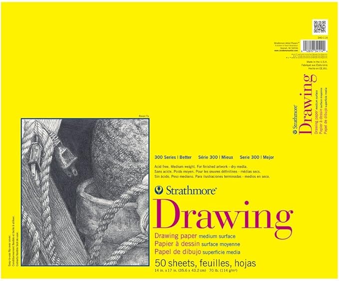 Strathmore 300 Series Drawing Paper Pad, Glue Bound, 14x17 inches, 50 Sheets (70lb/114g) - Artist Paper for Adults and Students - Charcoal, Colored Pencil, Ink, Pastel, Marker