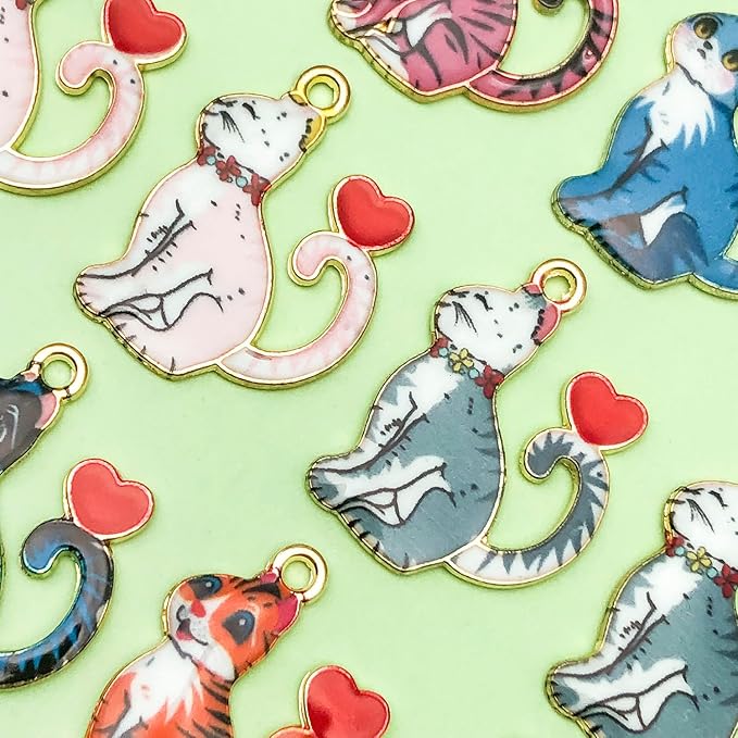 24pcs alloy enamel printed cat series Pendant Jewelry Making DIY Keychain Earrings Pendant Various Design Charms for Jewelry Making Bracelets Necklace (SN941)