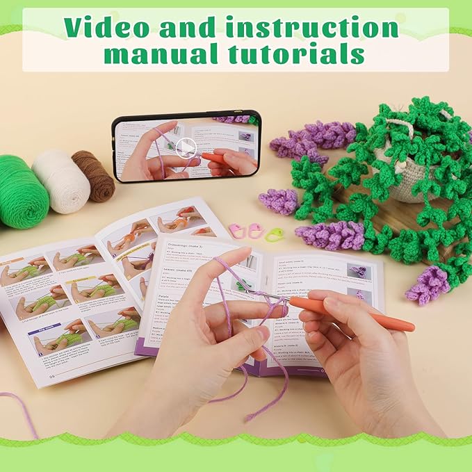 Kogyxe Beginners Crochet Kit, Amigurumi Crochet Starter Kits w Step-by-Step Video Tutorials, Hanging Potted Plants Knitting Starter Pack for Beginners Decoration, Wisteria Flower (40%+ Yarn)