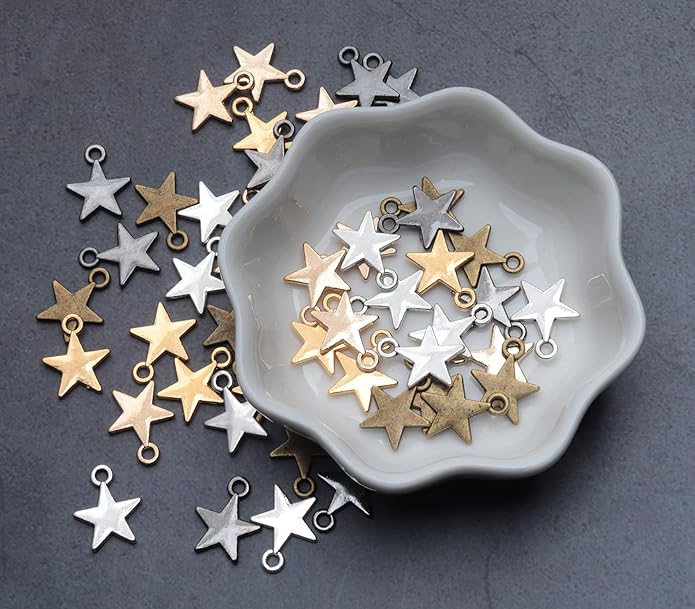 50 Pcs Star Pendants Bulk Small Metal Star Shape Charms for Jewelry Making Kit Finding Necklace Bracelet Key Chains Earring DIY Crafting