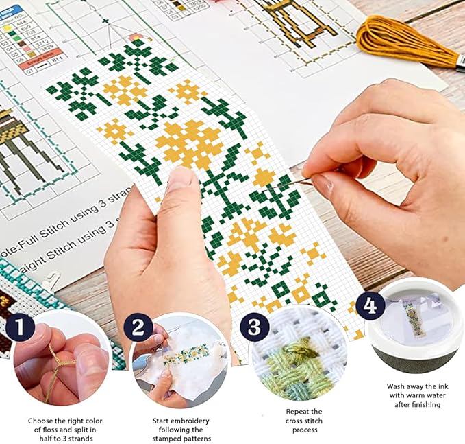FREEBLOSS 6 PCS Cross Stitch Bookmark Kits for Beginner Stamped Cross Stitch Kit DIY Embroidery Bookmark Kit with Instructions, Flower and Leaves Pattern 8" x 2.4"
