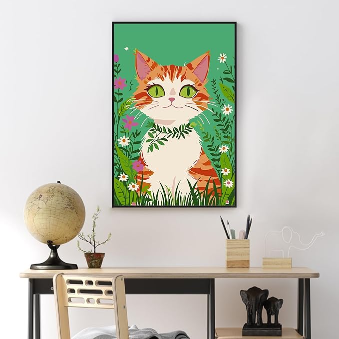 Yezavesu Framed Paint by Numbers Kit for Adults Beginner & Kids Ages 8-12, Cat Paint by Numbers with Frame, DIY Number Painting for Adults Orange Cat for Home Wall Decor Gift 8X 12 inch