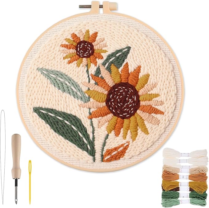 Punch Needle Kit Adults Beginner- Step-by-Step Guide & Video, Including Punch Needle Fabric with Pattern/Hoop/Needle/Yarns, Spring Embroidery Craft Kits, Easy Hobby Gifts for Women, Sunflower
