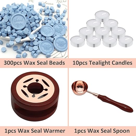 Wax Seal Beads Kit - 300pcs Dusty Blue Sealing Wax Beads with Wood Melting Warmer, Spoon & 10 Mini Candles for Stamp Seals, Wedding Invitation, Envelope, Cards, Gift Wrapping Decorations