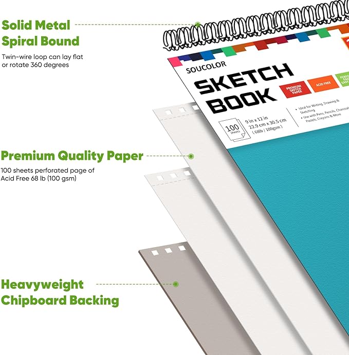 soucolor school supplies 9" x 12" sketch book for high college teacher student, 1-pack 100 sheets spiral bound art sketchbook, acid free (68lb/100gsm) artist blank book for kids, back to school stuff