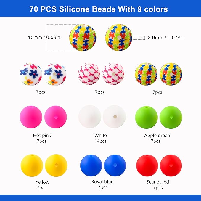 70Pcs Print Silicone Beads for Keychain Making,Round 15mm Silicone Beads for Pens, Necklace and Bracelets Making（Medical Print）