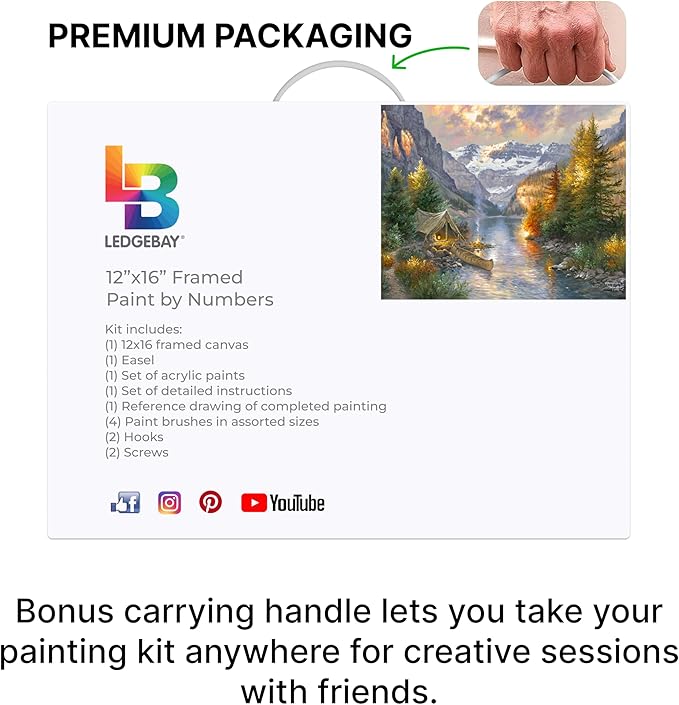 Ledgebay DIY Paint by Numbers Kit for Adults Framed Canvas: Beginner to Advanced Paint by Numbers Kit, Kits Include Acrylic Paint Set Brushes & Tabletop Easel (Rocky Mountain Campsite 12"x16" Framed)