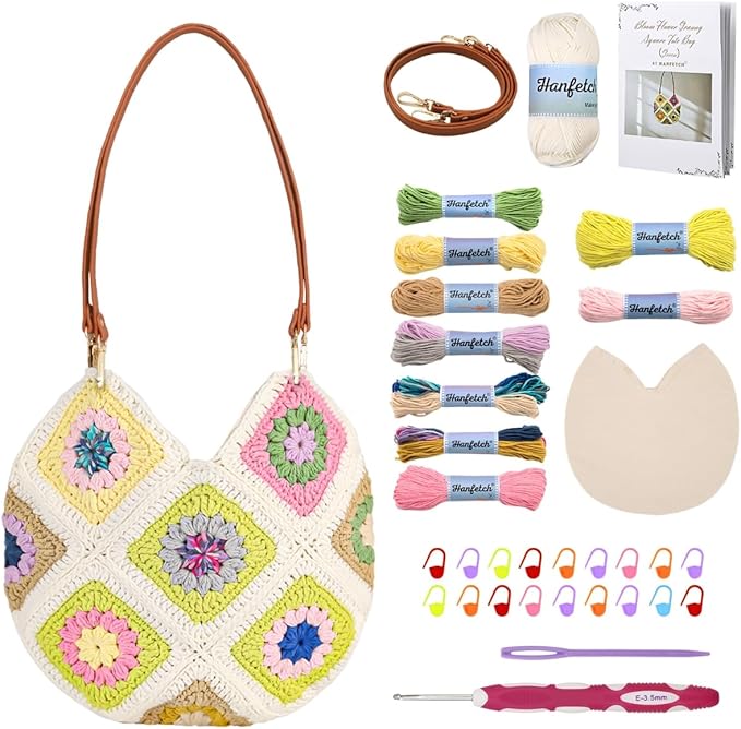 Hanfetch Crochet Kit for Advanced or Intermediate Beginner, Step by Step Video Tutorial and Detailed Guide Instruction DIY Craft Supplies for Adult and Kid with Complete Kit for Granny Square Tote Bag