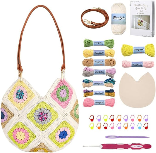 Hanfetch Crochet Kit for Advanced or Intermediate Beginner, Step by Step Video Tutorial and Detailed Guide Instruction DIY Craft Supplies for Adult and Kid with Complete Kit for Granny Square Tote Bag