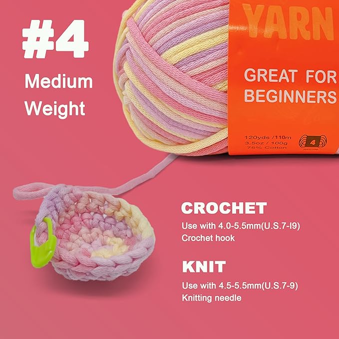 3.5Oz/120yds Beginner Easy Yarn for Crocheting and Knitting;Worsted-Weight Medium #4;Cotton Blend Yarn for Beginners Amigurumi DIY(Macaron,1 Skein)