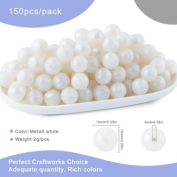 Silicone Beads, 150Pcs 15mm Round, Metall White for Keychain Making, Bracelet Making, Necklace Making and Pens
