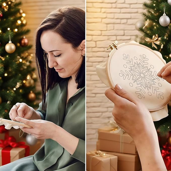 ORIGACH 8 Pcs Snowflakes Embroidery Kit for Beginners, Christmas Stamped Design Embroidery Starter Kit Includes Cloth, Hoops, Threads & Needles