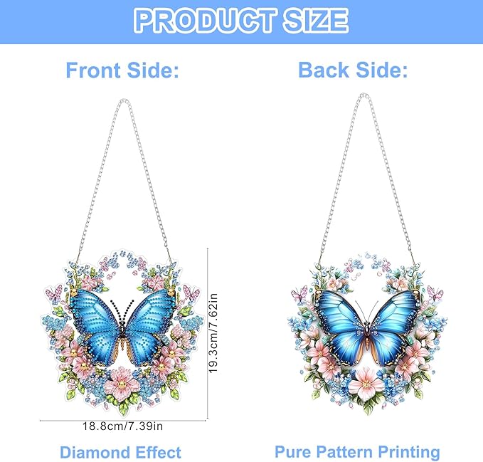 QENSPE Diamond Art Hanging Kits for Adults, 5D Blue Butterfly Special Shape Diamond Paingting Ornaments Kits with Chain, DIY Crystal Window Pendants for Home Garden Wall Decor Double Sided 8X8 inch