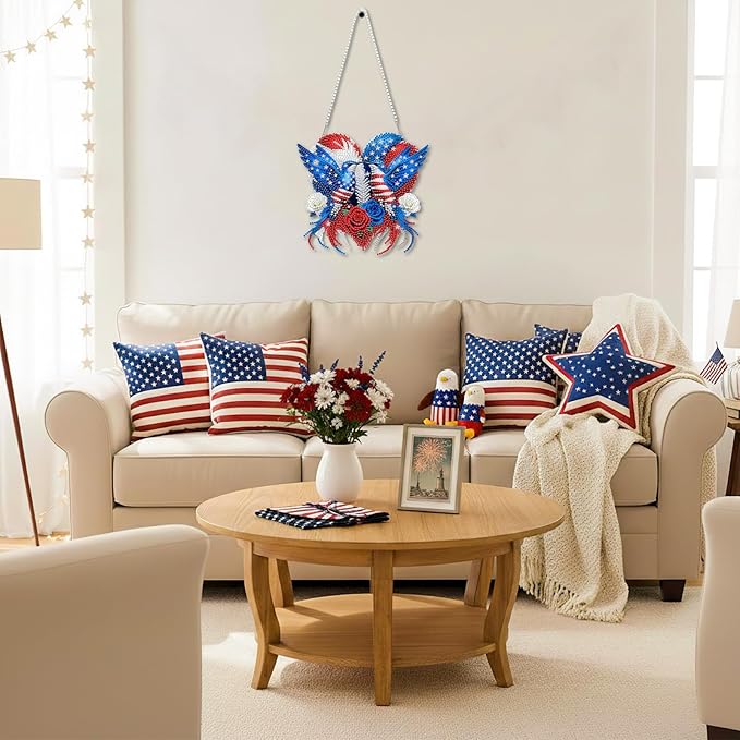 CEOVR 4th of July Hanging Diamond Art for Adults, Independence Day Hummingbird Diamond Painting Pendant DIY Gem Art Wall Hanging Ornament, Acrylic Home Garden Decor with Chain, Box Kit 7.77×7.26inch