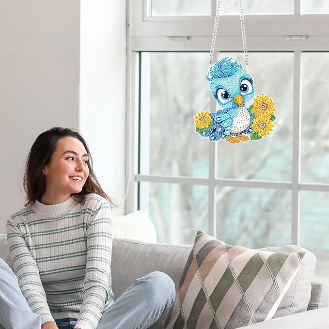 AiYuanzsh DIY Blue Bird Diamond Art Hanging Kit, Flower 5D Acrylic Diamond Painting Pendant Ornament, Crystal Art Suncatcher for Home Wall Decor Gift