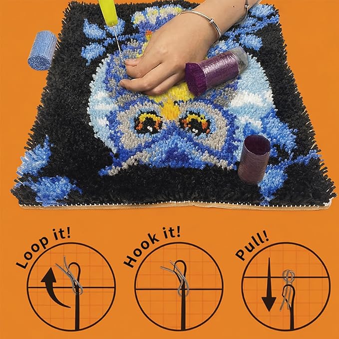 Manzapu Latch Hook Kits for Adults Beginner, 12x12 inch - 30x30 cm Cute Small Shaggy Rug Making Kits with Pre-Cut Yarn, Coded Canvas ＆ Crochet Hook Tool - Relaxing DIY Craft Gift