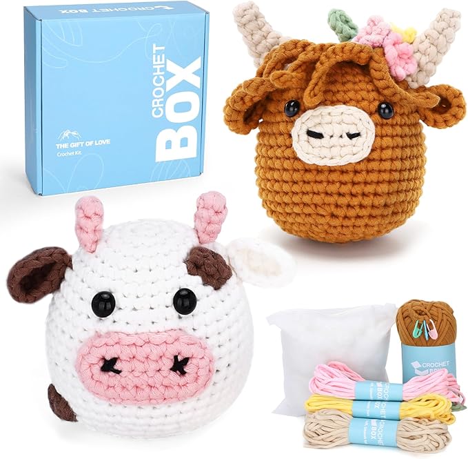 CrochetBox Crochet Kit for Beginner, Highland Cow and Cow Learn How to Crochet Stuffed Animals Gift for Adults and Teen(), Knitting Set with Yarn Hook Stitch-by-Stitch Video Tutorial