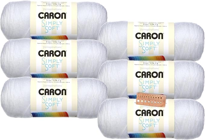 Caron Simply Soft Yarn - 6 Pack Bundle with Needle Gauge (White)