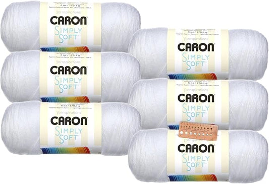 Caron Simply Soft Yarn - 6 Pack Bundle with Needle Gauge (White)