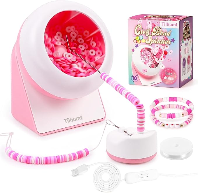 Tilhumt Clay Bead Spinner, Electric Bead Spinner for Jewelry Making, Friendship Bracelets Maker with Needle and Elastic String, Gift for Patent Design, Pink (Beads Not Included)