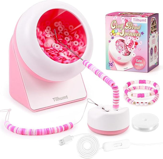 Tilhumt Clay Bead Spinner, Electric Bead Spinner for Jewelry Making, Friendship Bracelets Maker with Needle and Elastic String, Gift for Patent Design, Pink (Beads Not Included)