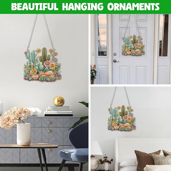NAIMOER Diamond Art Hanging Kits for Adults Cactus 5D Special Shaped Rhinestone, DIY Acrylic Diamond Art Painting Window Pendants Home Garden Wall Hanging Ornament Kits, Double Sided