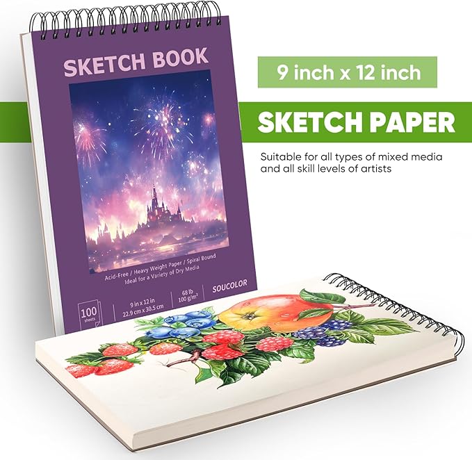 soucolor 9"x12" sketch book for women sketch book, 100 sheets (68lb/100gsm) drawing paper, art supplies for adults, 1-pack