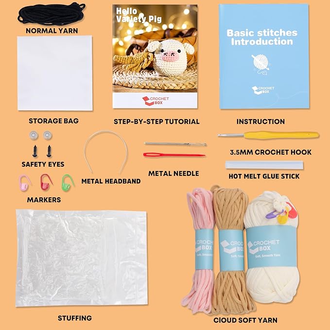 Crochet Kit for Beginners Adults - Pig and Cow Starters Crochet Kit, Beginners Crocheting Kitting for Adults Teen, DIY Craft Gifts with Crochets Yarns, Hook, Step-by-Step Video, Instruction