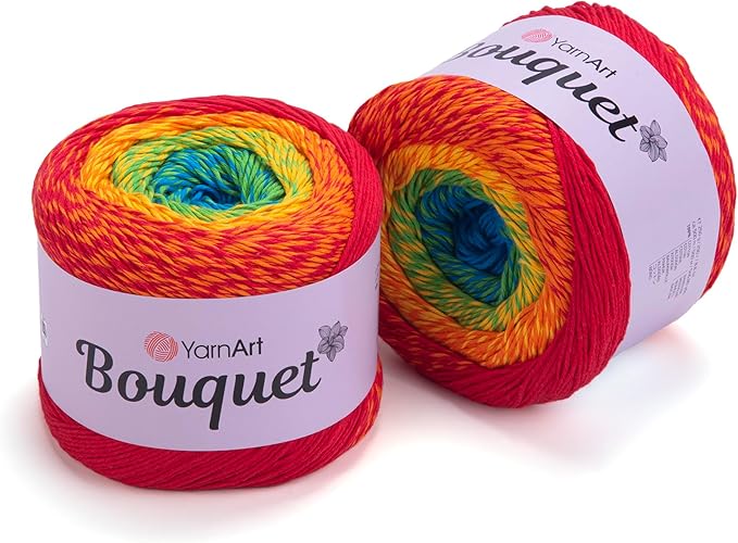 Yarn Art Bouquet Pure Cotton Yarn - 546 yds 8.80 Oz Multicolor Marbled Cotton Yarn - Rainbow Crochet for All Season Projects -%100 Cotton Fine(3) - Yarn (1 Skein) (725)