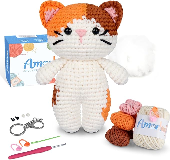 Crochet Kit for Beginners – Easy-to-See Stitches Yarn, Pre-Started Piece, and Step-by-Step Video Tutorials | Starter Crochet Set with Cute Animal Pattern – Original Handmade Calico Cat Pattern