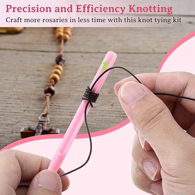 2 Pack Rosary Cord Knotting Tool, #7#9 and #36 Dual Head Twine Knotting Tool, Rosary Making Supplies, Beads Tying Kit, Beading Cord Kit for Jewelry, Fishing Hook, Bracelet (Pink)