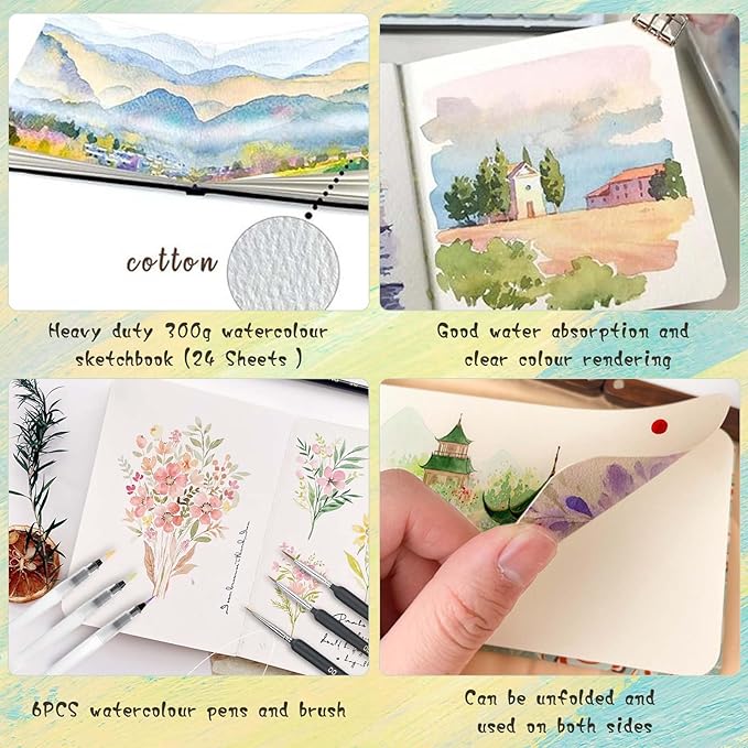 Mini Watercolor Paint Palette Set - Travel Watercolor Set, Pocket Artist Water Color Travel Set with 18 Colours, Paintbrushes, Watercolor Pens, Wooden Palette Box for Painters Artists Students