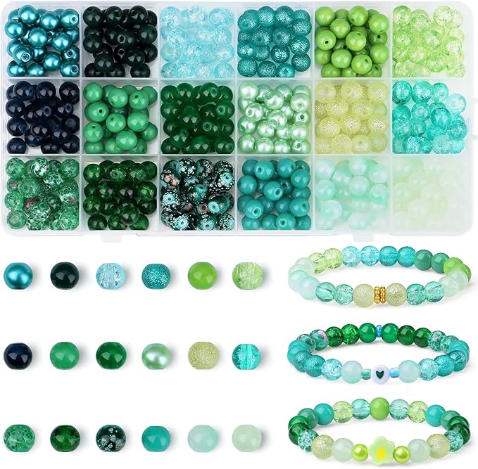 DUQGUHO St Patricks Day Beads for Jewelry Making, 8mm Green Glass Beads for Bracelet, Green Bead for Beaded Plants Necklace Crafts DIY 360PCS