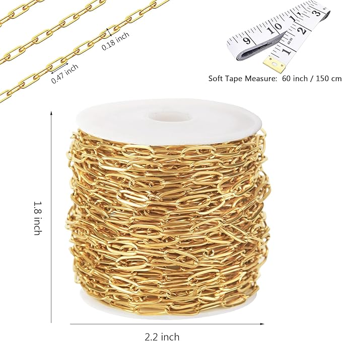 16 Ft Stainless Steel Paperclip Chain for Jewelry Making, 4.5mm Width Gold Plated Paper Clip Link Chains Roll for DIY Necklace Bracelet Jewelry Making Supplies with Lobster Clasps Soft Tape Measure