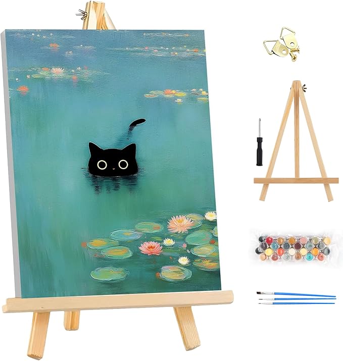 EOBROMD Framed Paint by Numbers Kits for Adults - Wooden Easel, Cat Lake DIY Painting Kits for Adults Beginner, Painting on Stretched Canvas Oil Paint by Numbers for Home Decor Gift 10x14 Inch