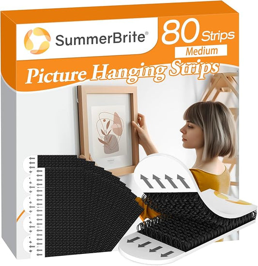Picture Hanging Strips 80 Strips, Damage Free Removal, Wall Poster Picture Hangers Without Nails, Sticky Hook & Loop Adhesive Strips for Poster/Picture/Home/Office, 40 Pairs/Medium, Black