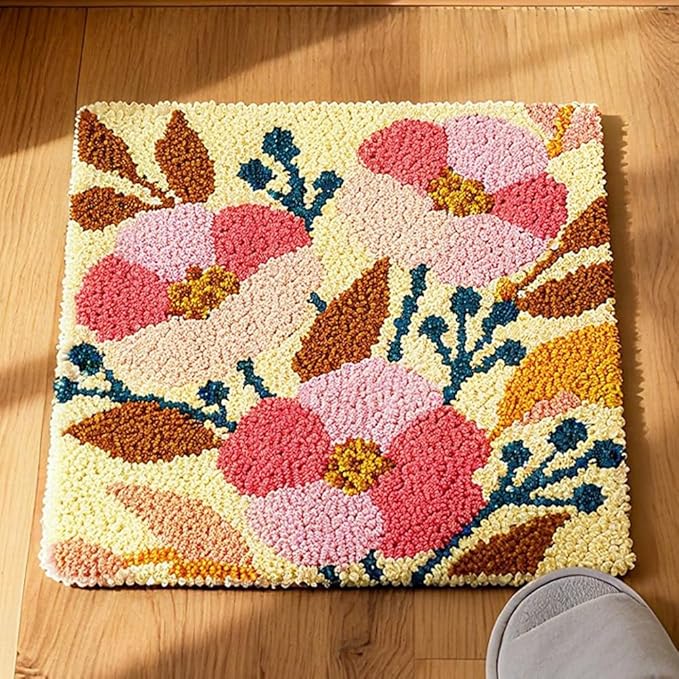 ORIGACH Vintage Flower & Plant Latch Hook Rug Kit for Adults Printed Rug Making Kit Handmade Carpet Tapestry Cover with Hook Latch and Preprinted Canvas, Home Arts Crafts Sofa Decor, 19.6x19.6inch