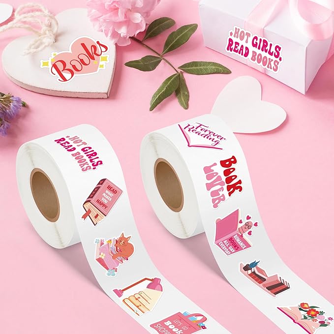 beyumi pink bookish sticker roll - 1000pcs pink bookish stickers in 2 rolls waterproof reading book aesthetic kindle decals gift laptop bottle scrapbook luggage envelope decor for kids girl book lover