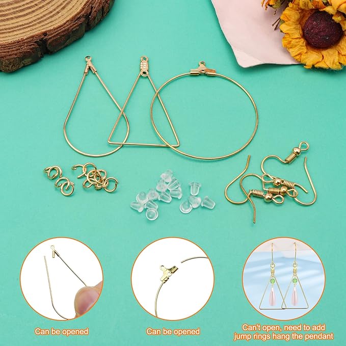 354pcs earring making kit jewelry making supplies bulk earring findings with with teardrop triangle round beading hoop,earring hooks,jump rings,earring backs for diy earring crafts(k gold)