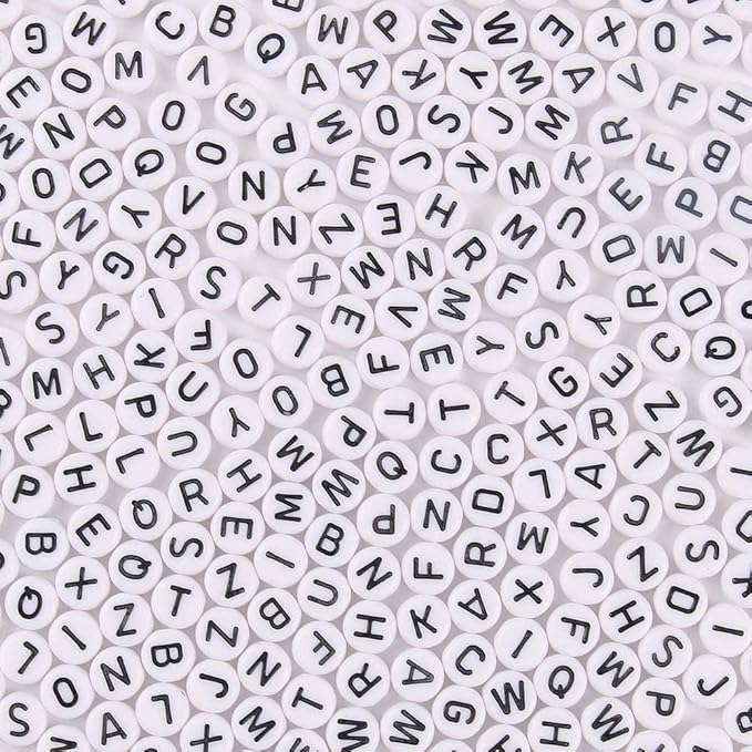 Acrylic Letter Beads Alphabet Black Letters White Round Bead, 4×7mm 1200pcs, for Friendship Bracelets and Gifts Souvenir Jewelry Making