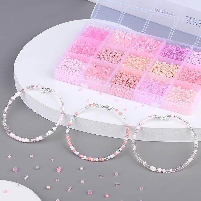 DUQGUHO Pink Beads for Jewelry Making 4mm Pink Glass Seed Beads Kit 15 Color 3mm 2mm Small Plastic Tube Bead for Bracelets Craft DIY