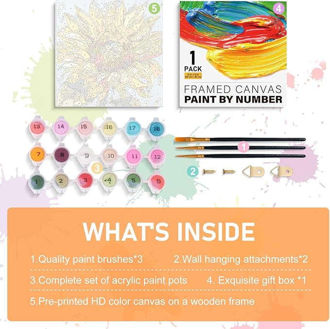 Framed Paint by Numbers Kit for Adults Beginners & Kids Ages 8-12, Sunflower Acrylic Easy Paint by Number with Frame, Watercolor Paint by Number Kits on Canvas Framed (12 * 12 Inch, without Easel)
